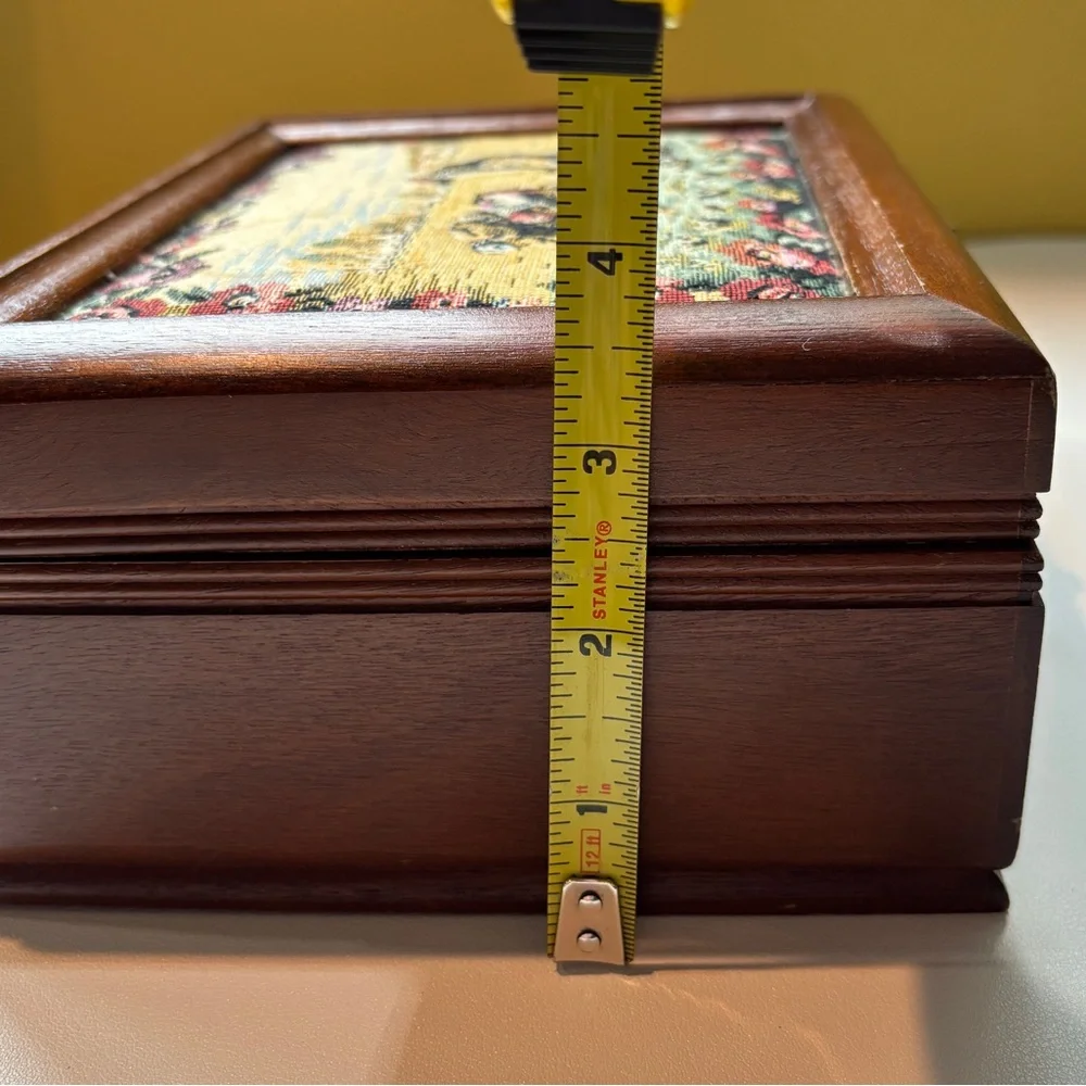 VINTAGE Wooden Jewelry Box with Tapestry Inlay
